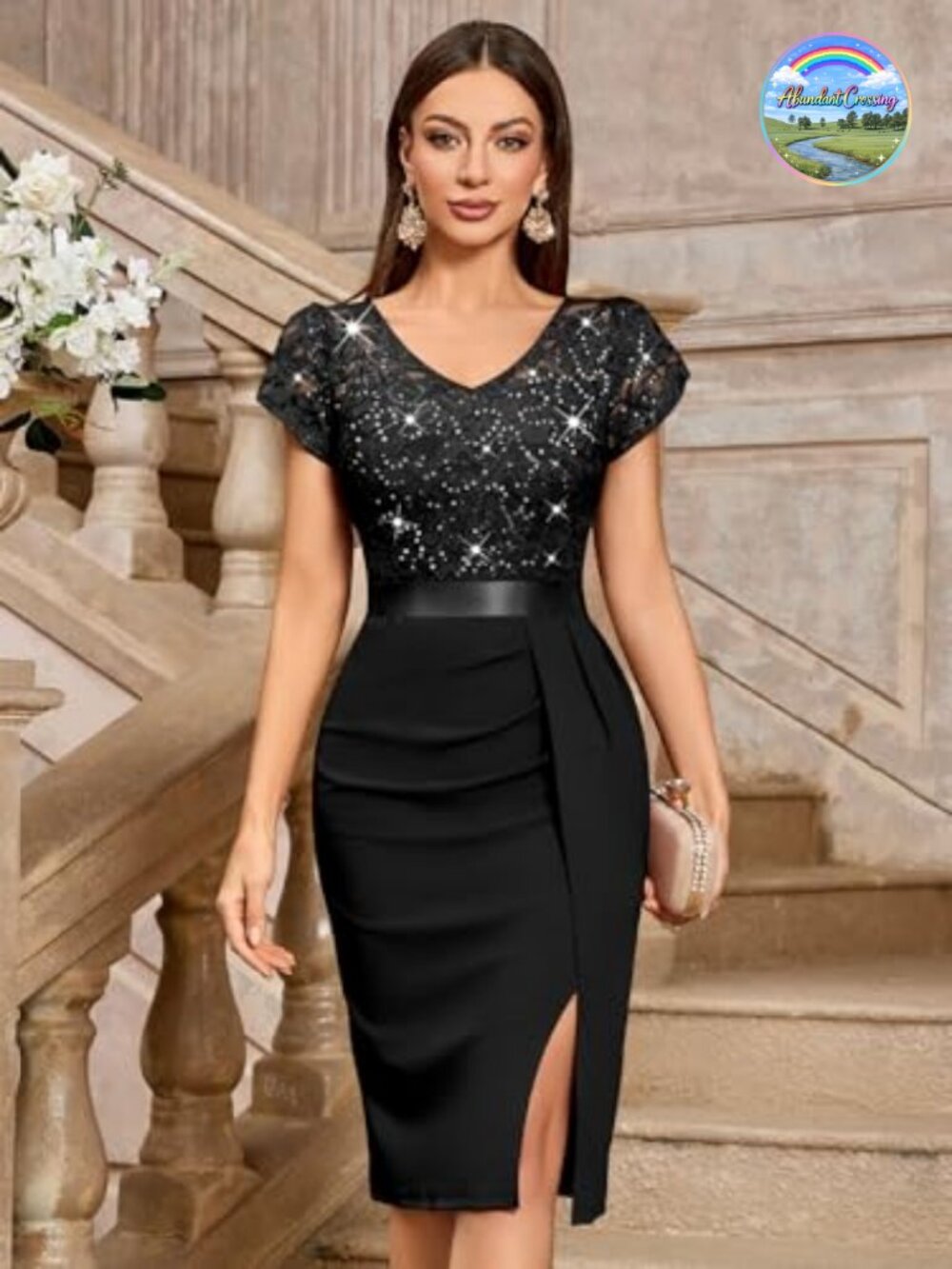 Sequin Lace V-Neck Cocktail Dress with Puff Sleeves
